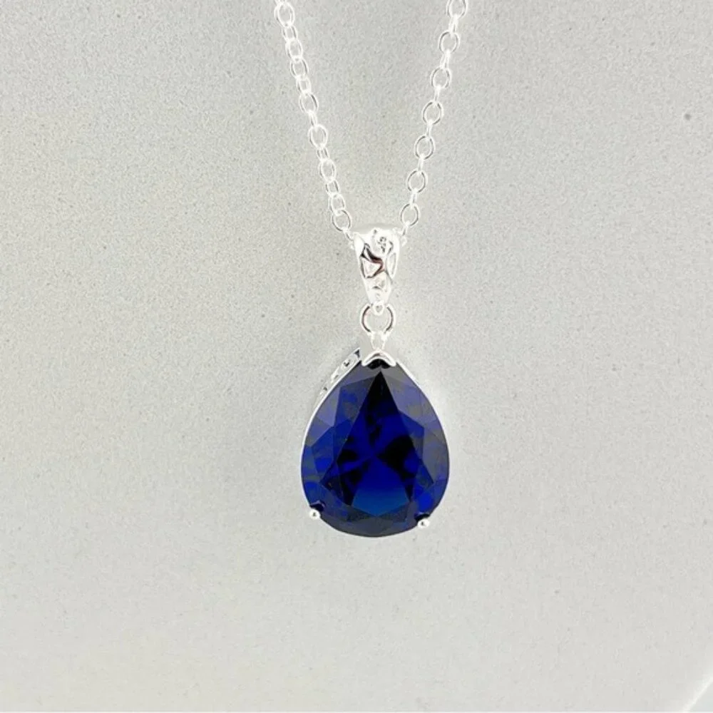Blue Topaz Teardrop Pendant Necklace 925 Sterling Silver Plated